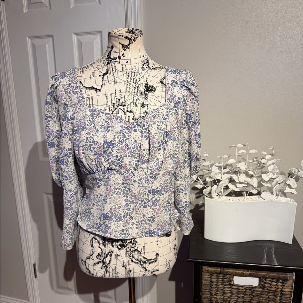 Milk & Honey Lavender Floral Blouse Crop top Puff bralette heart long sleeve L